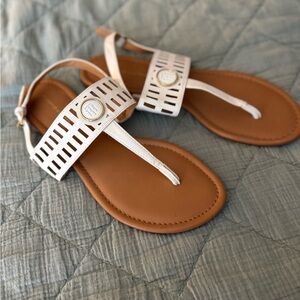 Tommy Hilfiger White and Tan Sandals with Geometric Straps